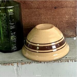 Antique 1930s Weller Yellowware Mixing Bowl Brown Band Stripe Smooth Rolled Rim
